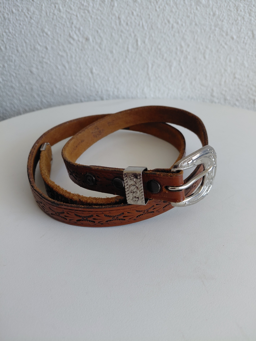 Vogel Of Texas Vtg Narrow Western Cowgilrl Tooled Leather Belt